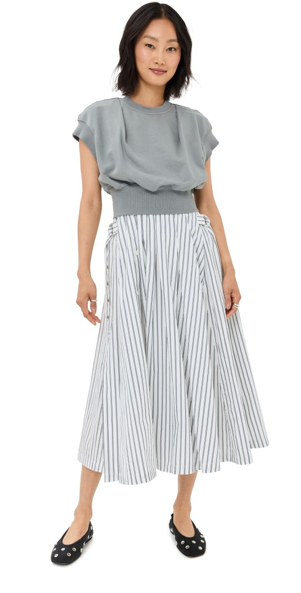 3.1 Phillip Lim Sweatshirt Combo Dress with Pleated Skrt Sage/Off White