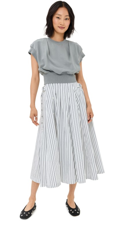 3.1 Phillip Lim Sweatshirt Combo Dress with Pleated Skrt Sage/Off White