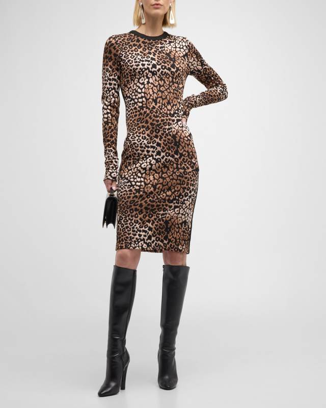 Leopard Jacquard Side-Stripe Long-Sleeve Dress