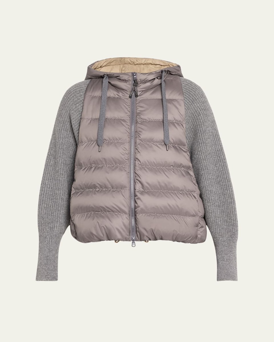 Padded Taffeta Vest with Cashmere Ribbed Sleeves