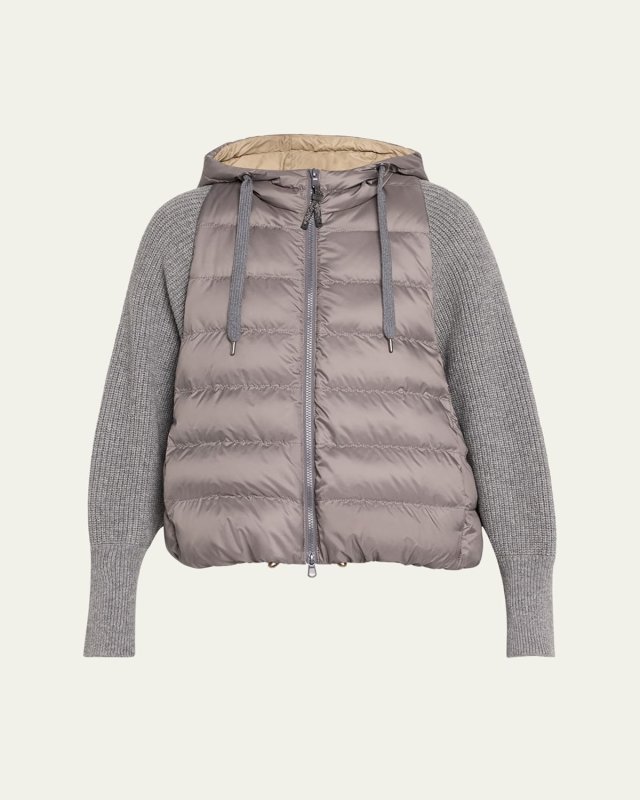 Padded Taffeta Vest with Cashmere Ribbed Sleeves