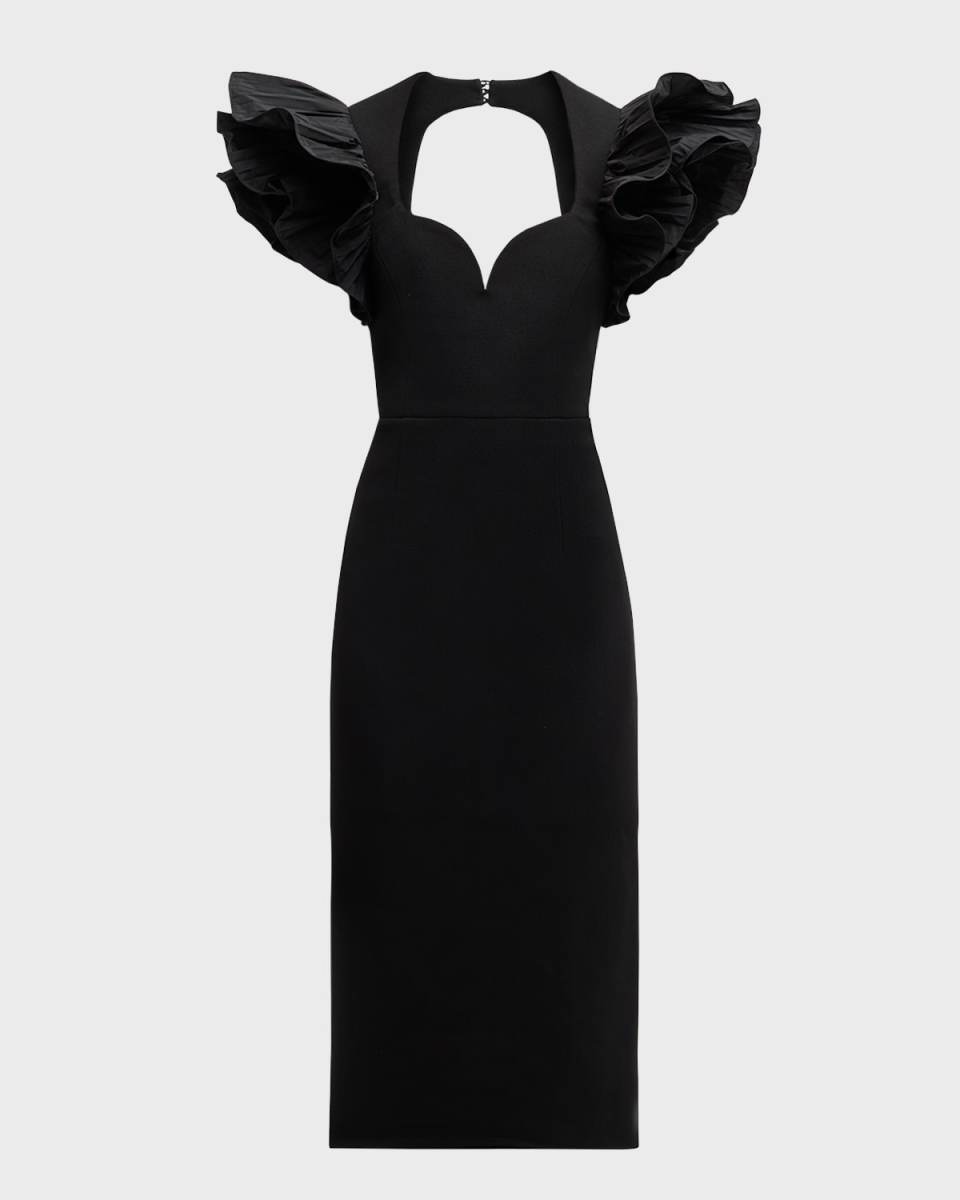 Ella Puff Ruffle-Sleeve Midi Dress