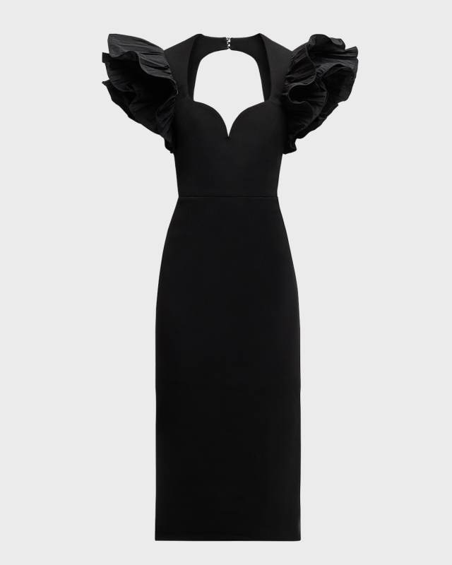 Ella Puff Ruffle-Sleeve Midi Dress