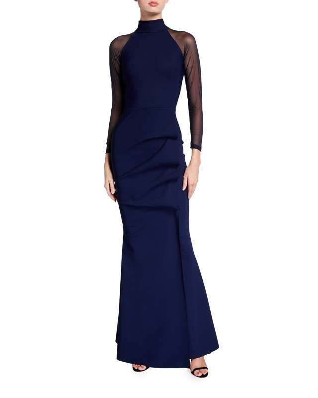 Maylys Mock-Neck Long-Sleeve Illusion Gown