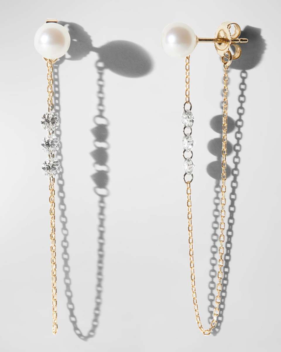 14K Yellow Gold Akoya Pearl Post with Diamonds on Chain Earrings