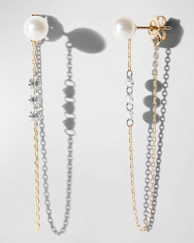 14K Yellow Gold Akoya Pearl Post with Diamonds on Chain Earrings