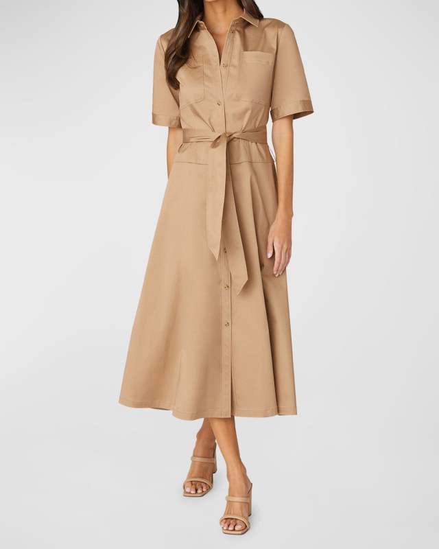 Keri Tie-Belt Stretch Cotton Midi Shirtdress