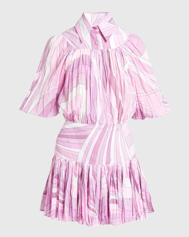 Abstract-Print Pleated Puff-Sleeve Mini Shirtdress