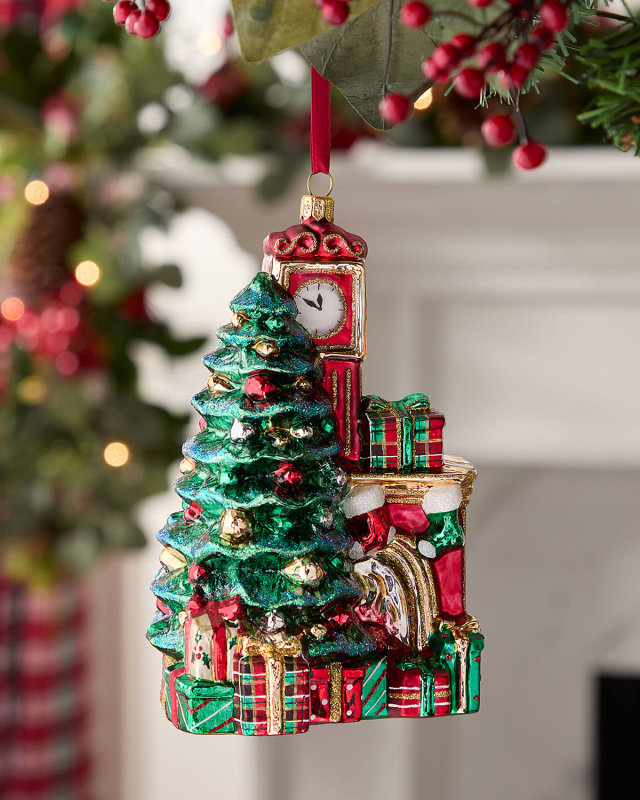 Tree, Clock, and Fireplace Christmas Ornament