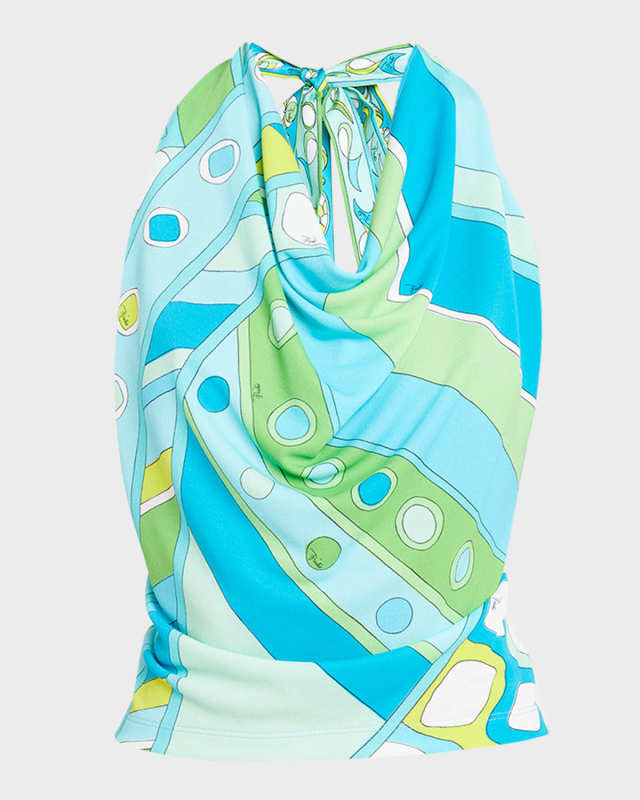Abstract-Print Cowl Halter Top