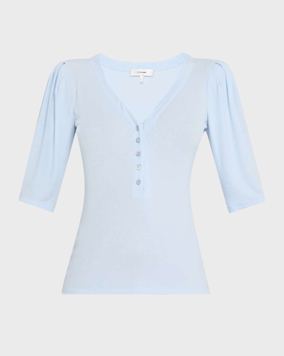 Rib Ruched Short-Sleeve Henley Top