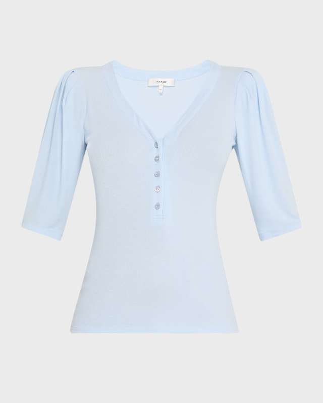 Rib Ruched Short-Sleeve Henley Top