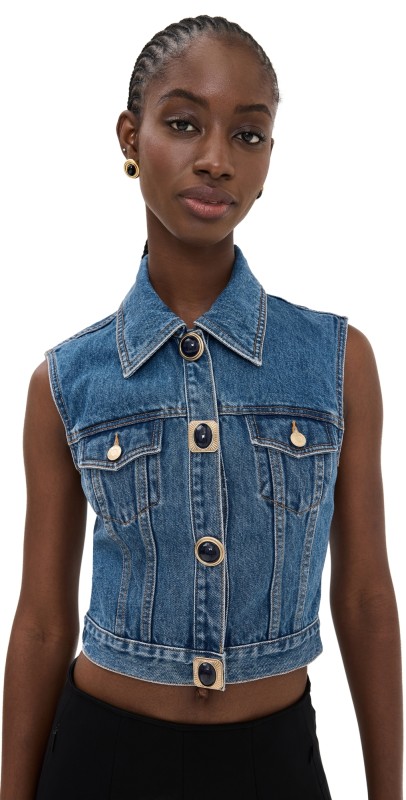 AREA Gemstone Button Denim Gilet Medium Blue