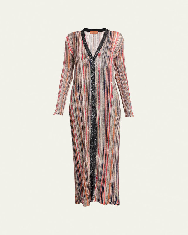 Multicolor Partialized Knit Maxi Cardigan with Sequins
