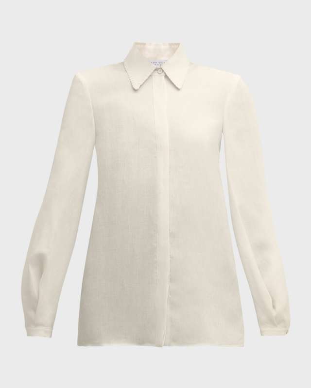 Delmer Stitched-Collar Long-Sleeve Linen Top