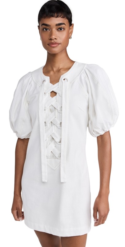 English Factory Laced Up Puffed Sleeve Mini Dress Off White