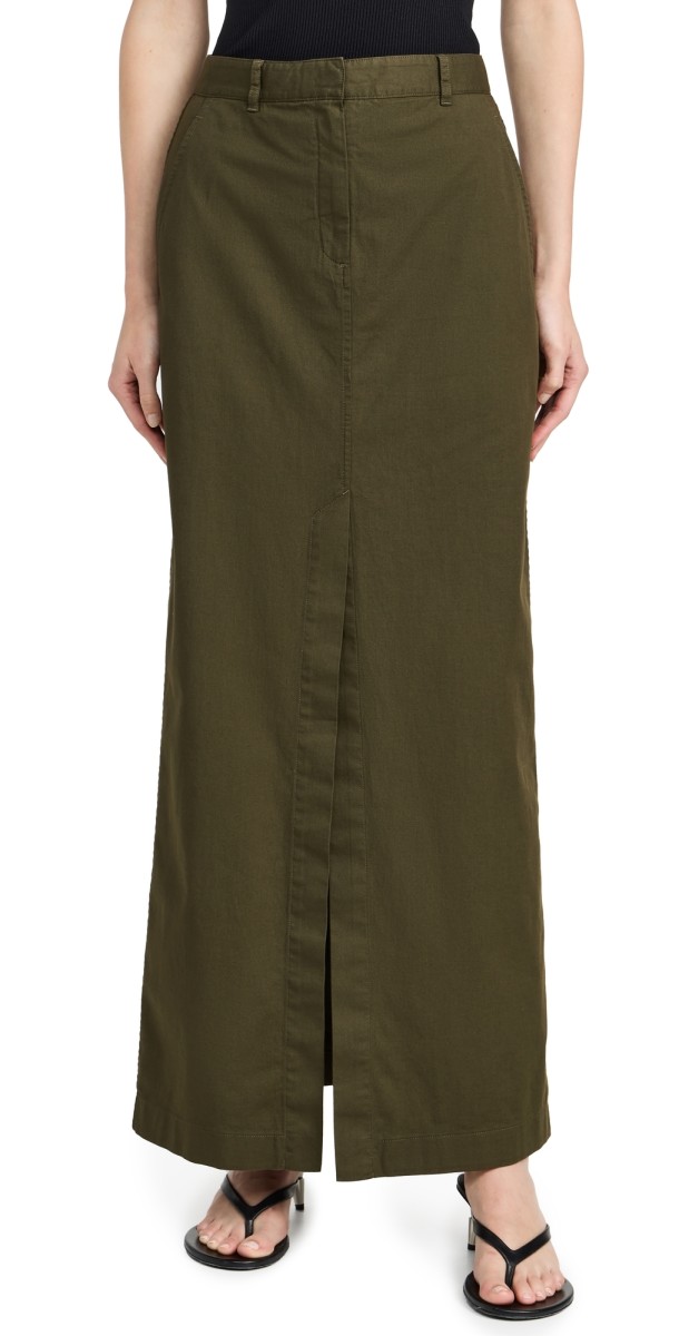 Theory Front Vented Maxi Skirt Dark Olive