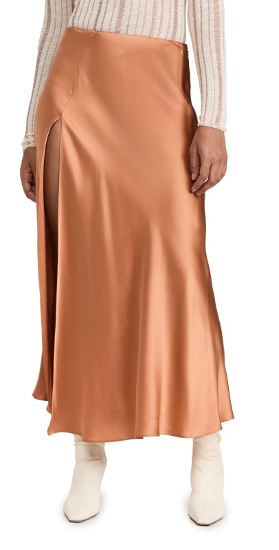 DANNIJO Silk Midi Skirt with High Slit Earth