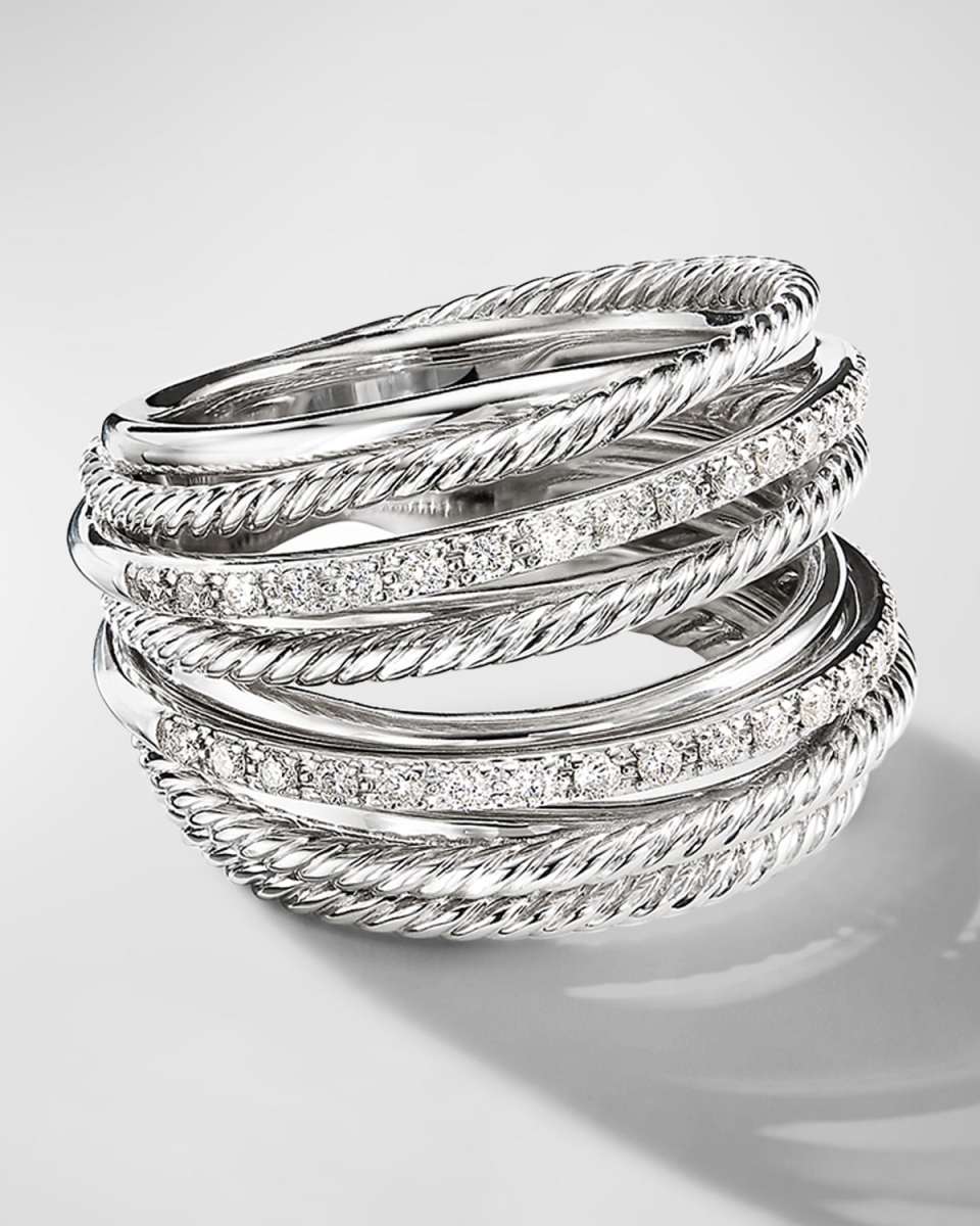 Crossover Wide Ring with Diamonds and Silver, 18mm