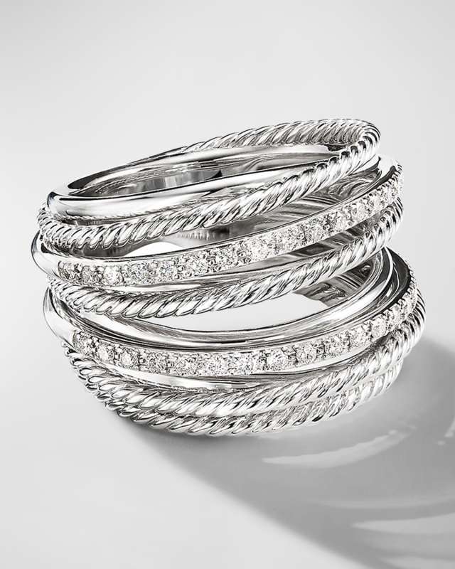 Crossover Wide Ring with Diamonds and Silver, 18mm