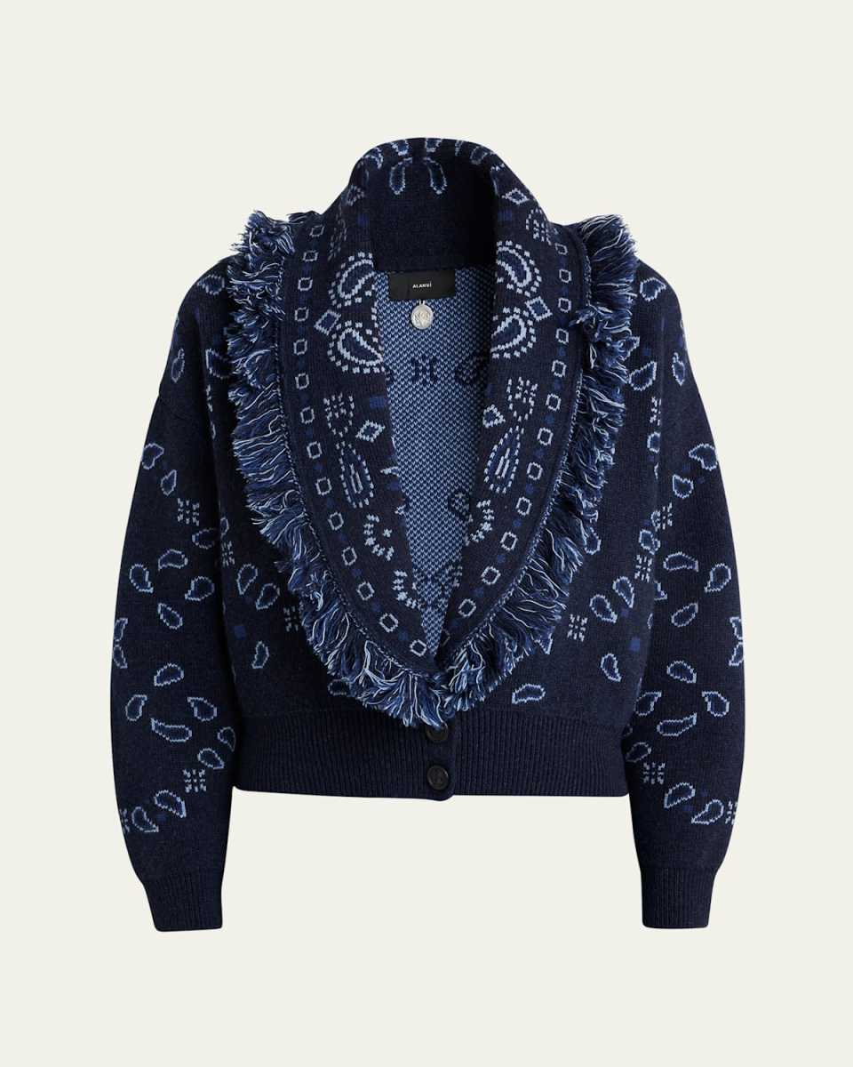 Bandana Jacquard Wool Cashmere Cardigan Bomber, Blu