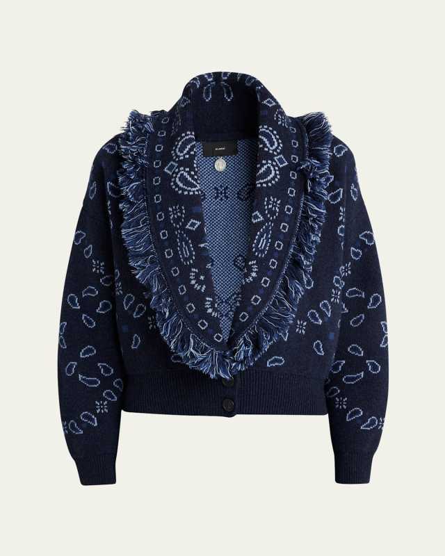 Bandana Jacquard Wool Cashmere Cardigan Bomber, Blu