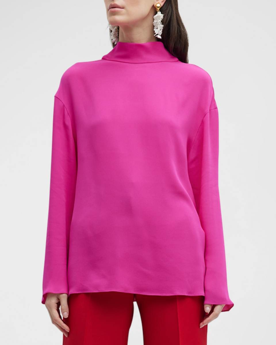 Silk Turtleneck Blouse with Draped Back Detail