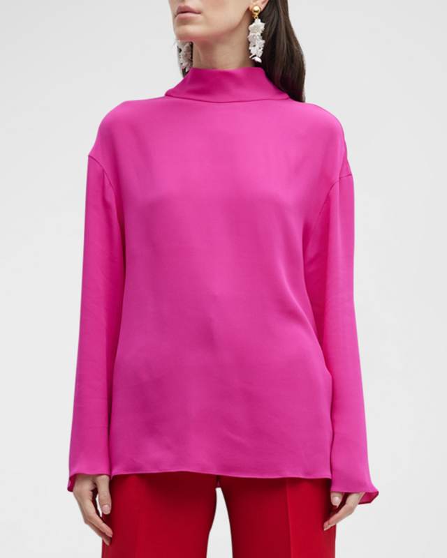 Silk Turtleneck Blouse with Draped Back Detail