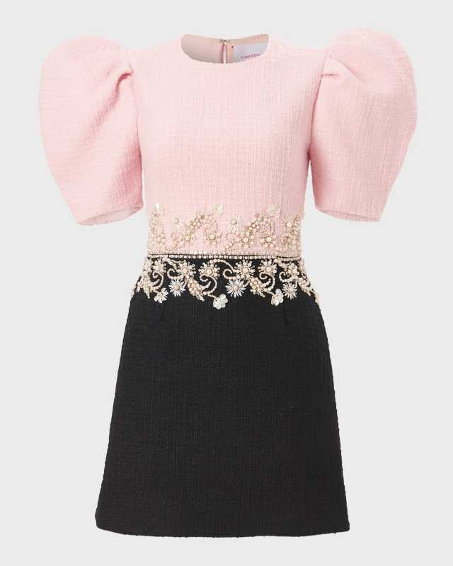 Embellished Tweed Puff-Sleeve Mini Dress