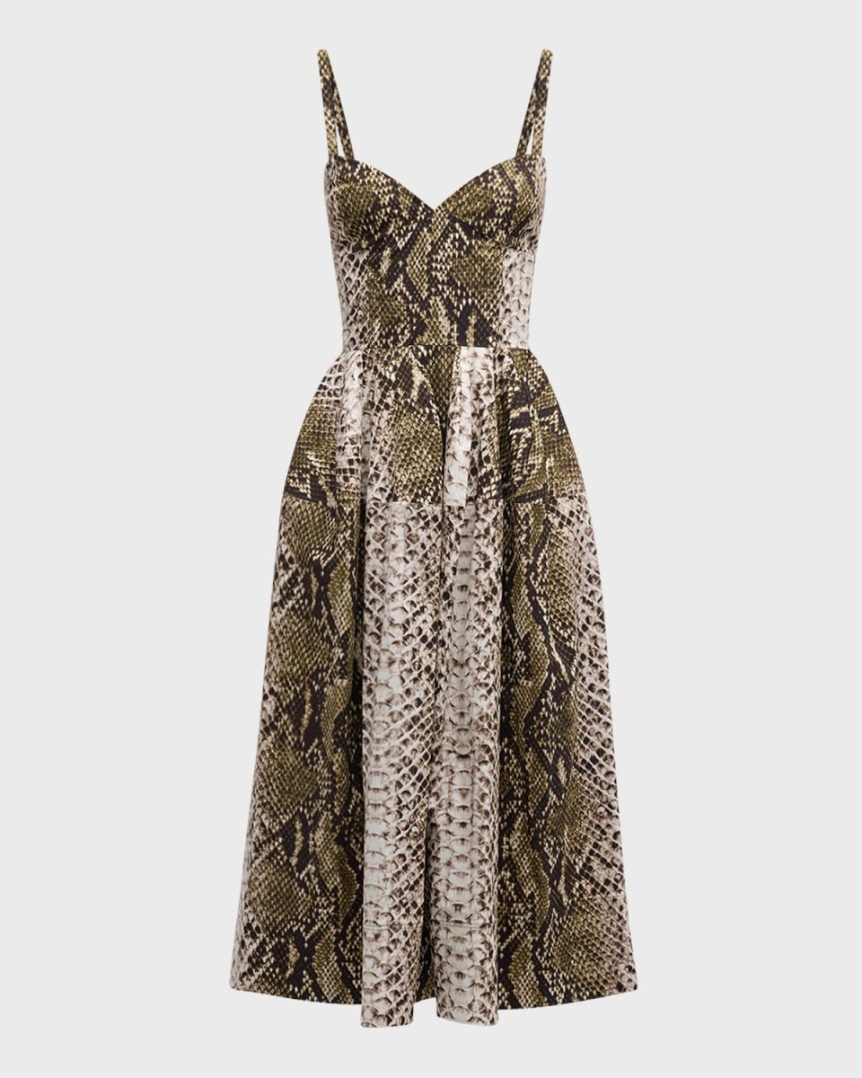 V-Neck Snake-Print Sleeveless Cotton Midi Dress