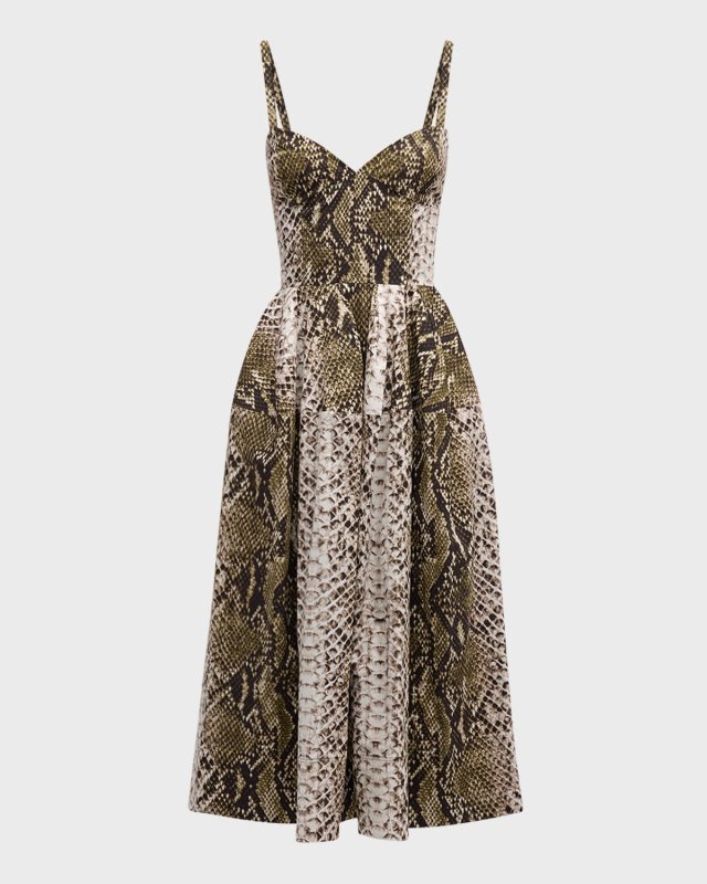 V-Neck Snake-Print Sleeveless Cotton Midi Dress