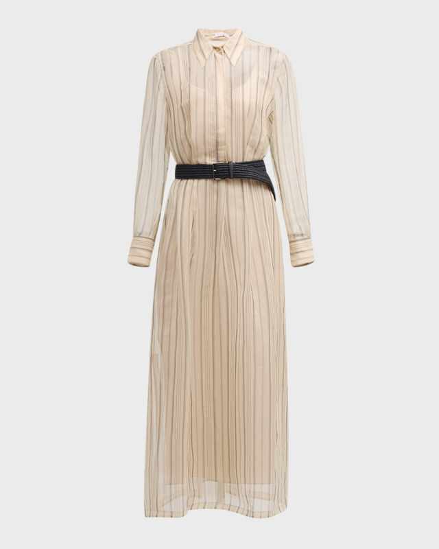 Striped Chiffon Maxi Shirtdress With Monili-Trim Raffia Belt