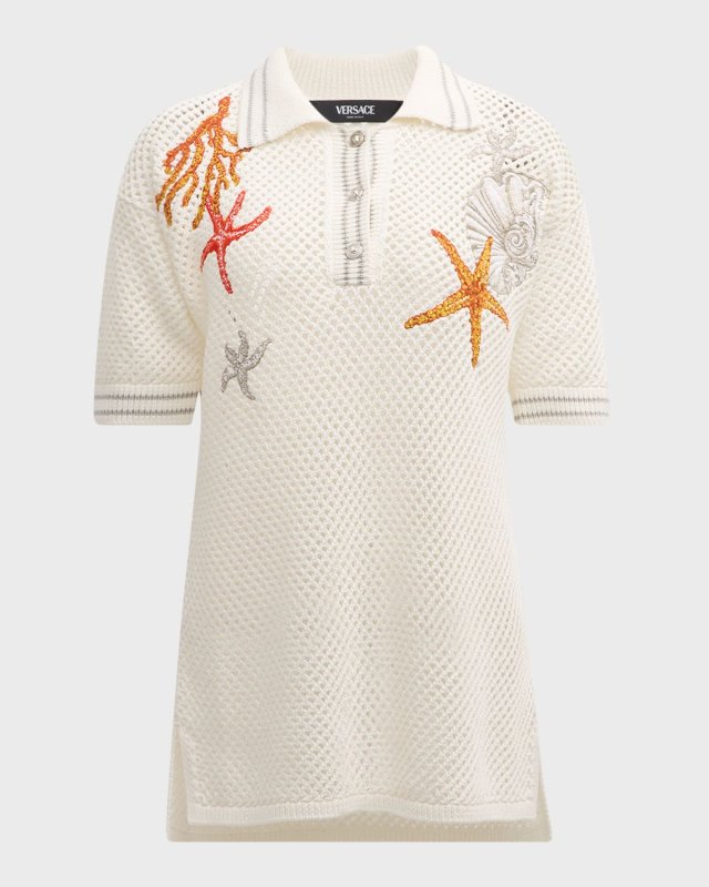 Coral Embroidered Short-Sleeve Crochet-Knit Polo Sweater