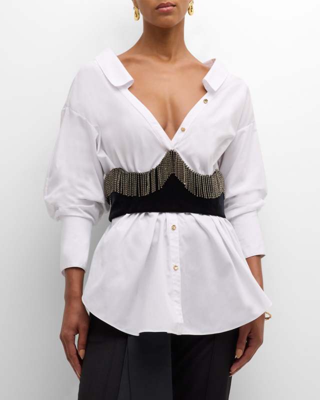 Gem Crystal-Fringe Corset Collared Shirt