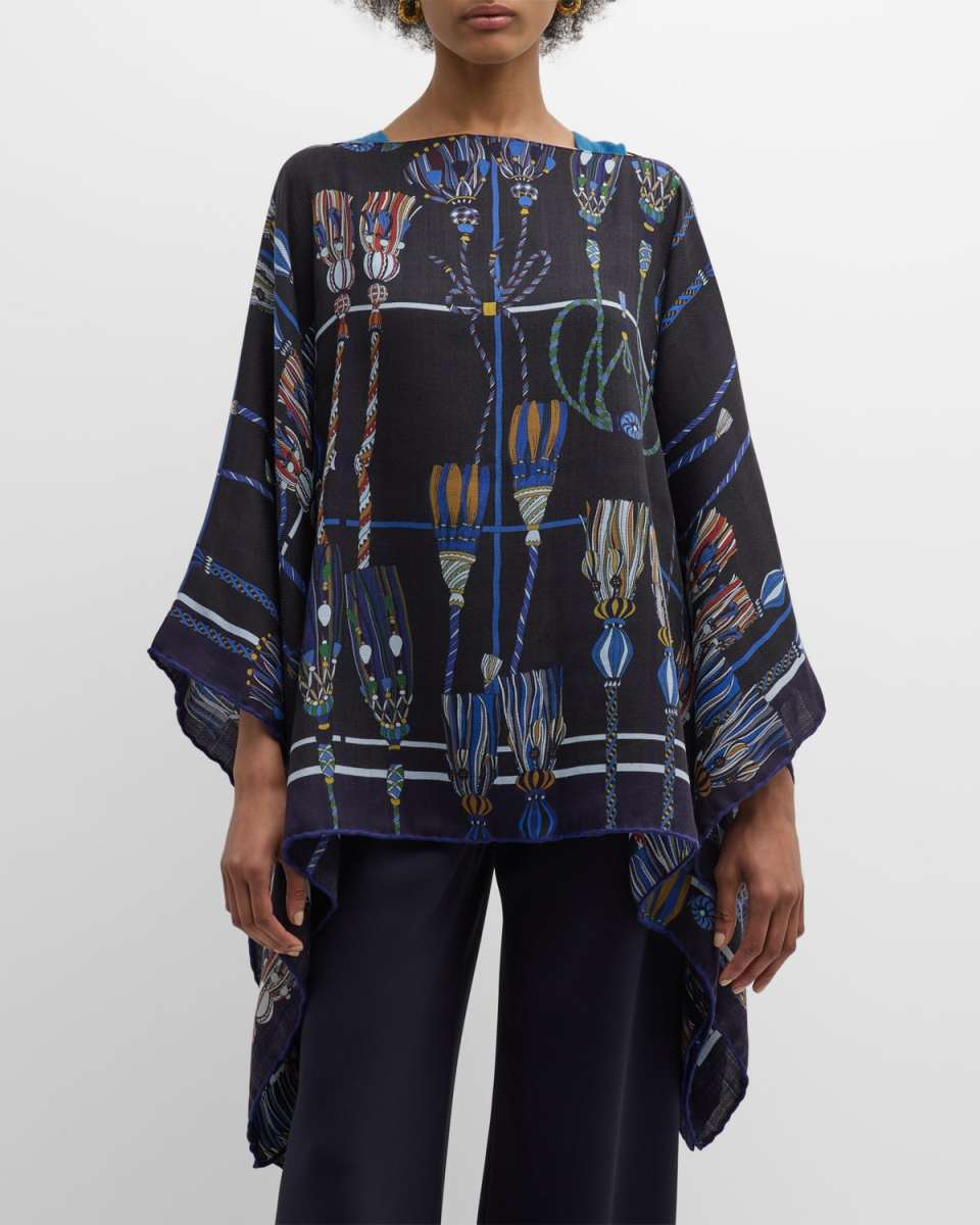 Remini Navy Print Cashmere-Blend Poncho