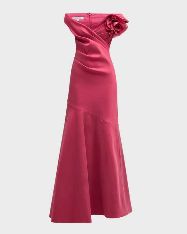 Pleated Off-Shoulder Ruffle Gazar Gown