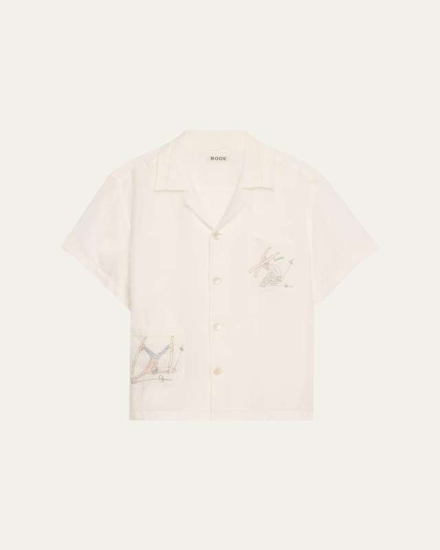Skiers Embroidered Short-Sleeve Linen Shirt