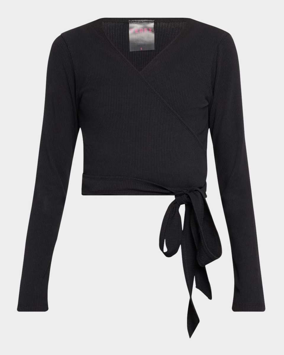Black Rib Long-Sleeve Wrap Top