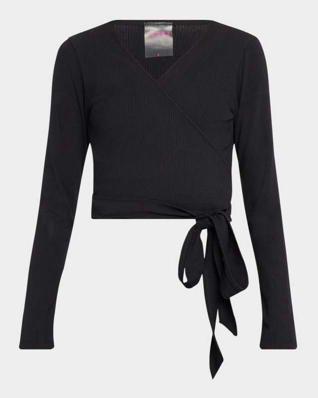 Black Rib Long-Sleeve Wrap Top