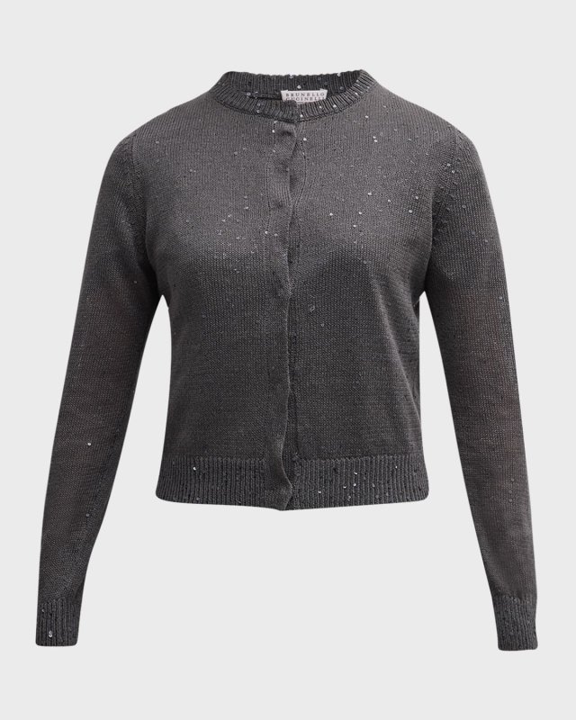 Silk Linen Cropped Cardigan with Paillette Detai