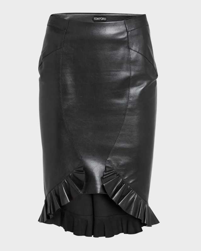 Quanteria Leather Ruffle Godet Asymmetric Skirt