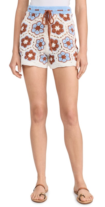 MINKPINK Dawn Flower Crochet Shorts Blue/Brown Floral