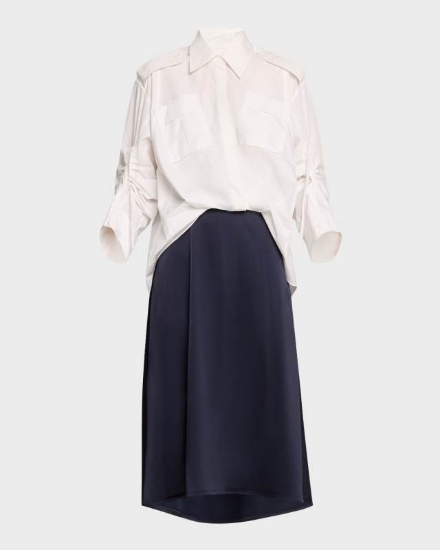 Long-Sleeve Draped Combo Shirtdress