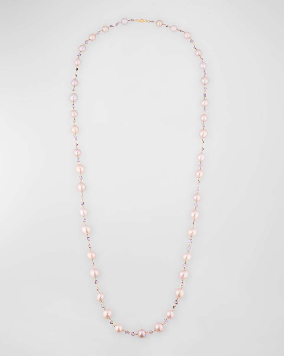 18K Yellow Gold Amethyst and 10-13.4mm Kasumiga Pink Pearl Necklace