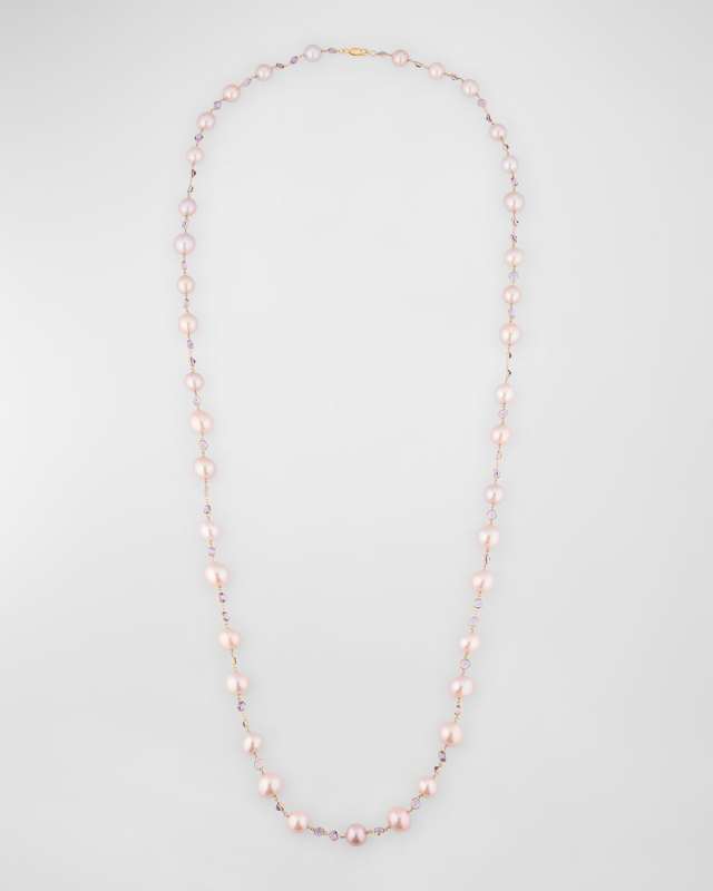 18K Yellow Gold Amethyst and 10-13.4mm Kasumiga Pink Pearl Necklace