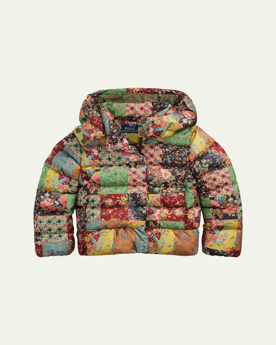 Girl's Patchwork-Print Recycled Nylon Puffer Jacket, Size S-X