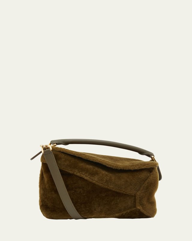 Puzzle Edge Small Top-Handle Bag in Shearling