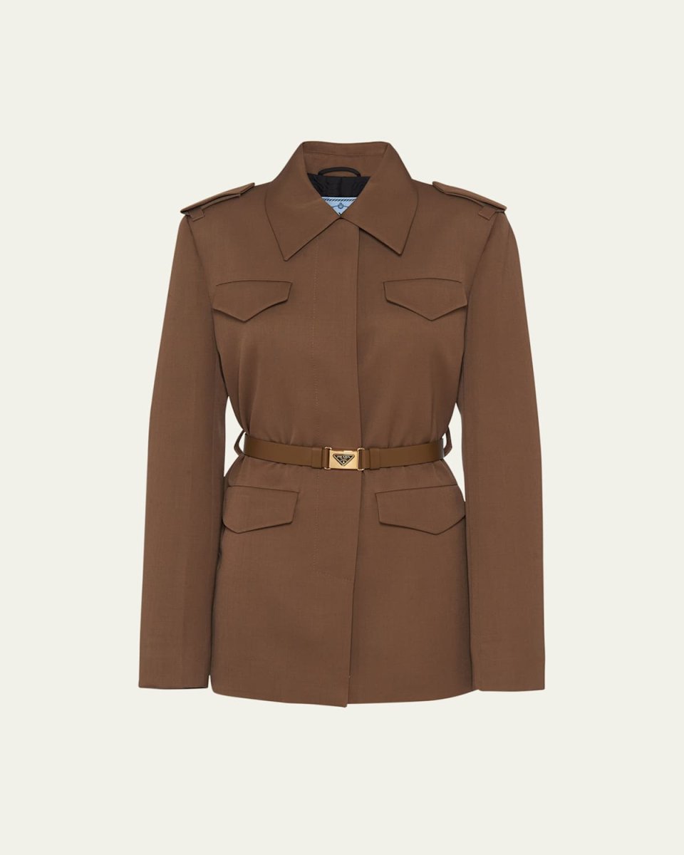 Gabardine Leather Belted Jacket