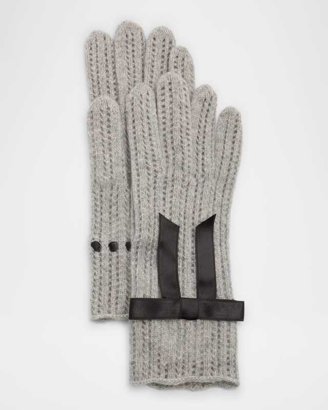 Pointelle Cashmere Blend Knit Gloves W/ Satin Bow