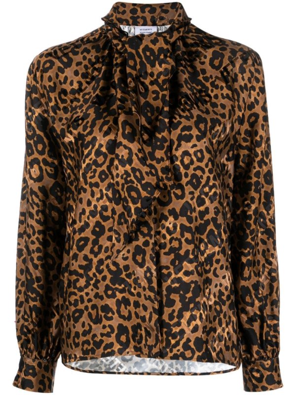 leopard-print tie-neck blouse